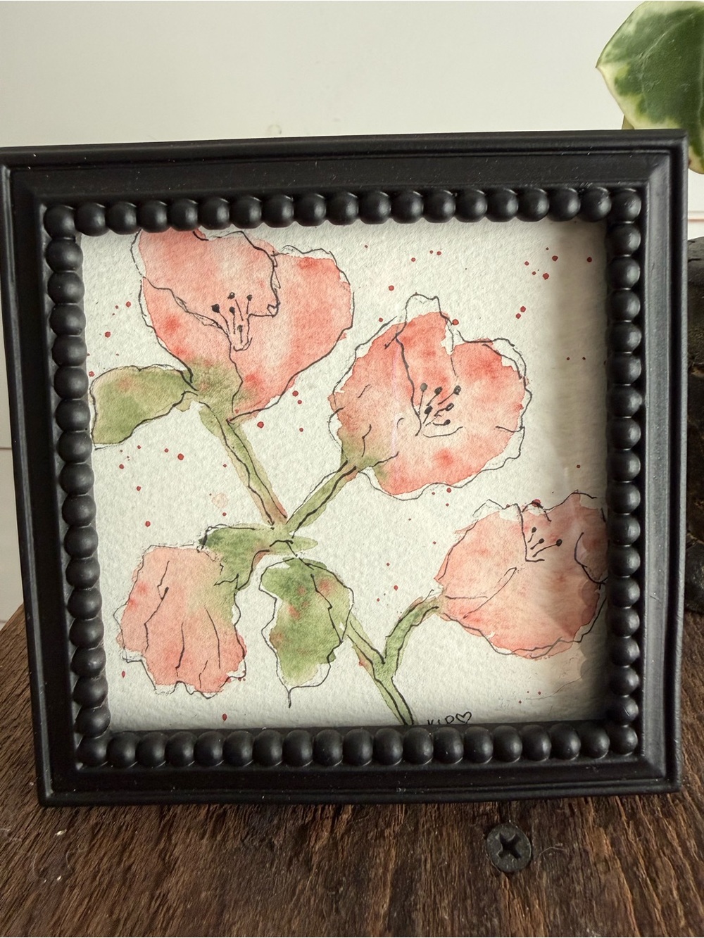 Hand crafted watercolor original Pink in 4x4 Black Beaded Frame - Picture 3 of 5